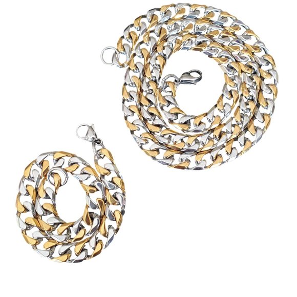 Men's Gold Plated Stainless Steel Two Toned 9mm Cuban Curb Chain & Bracelet Set - Picture 4 of 6